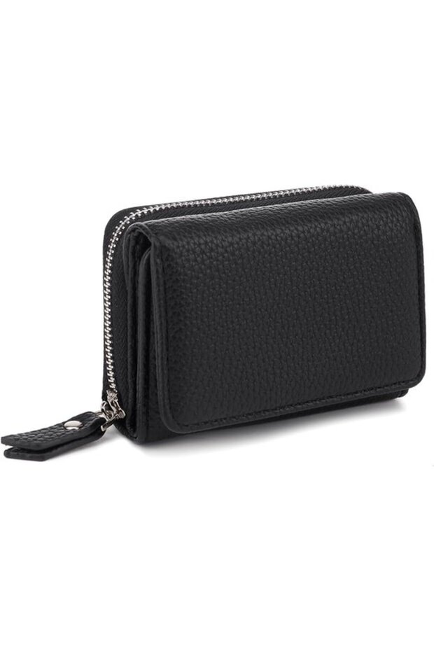 Women's small wallet black 10x8x4cm bi-fold coin purse.