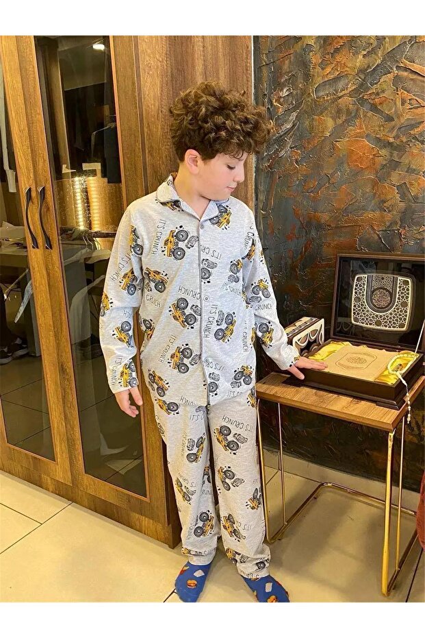 Boy's Patterned Front Buttoned Long Sleeve Pajama Set 9048
