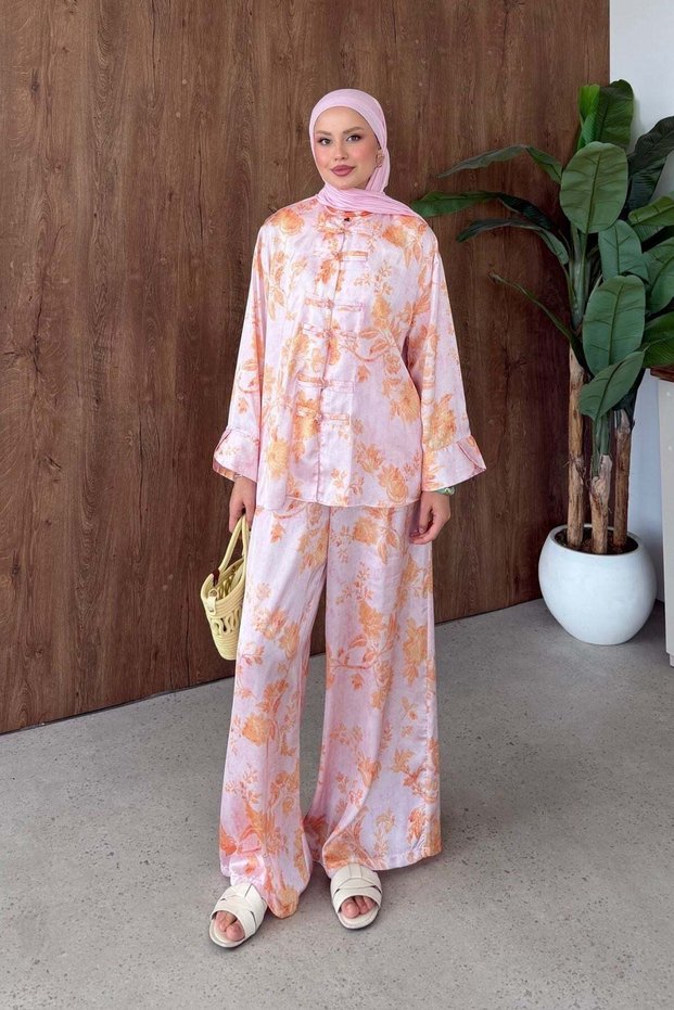 Sophia Satin Printed Mandarin Suit Powder