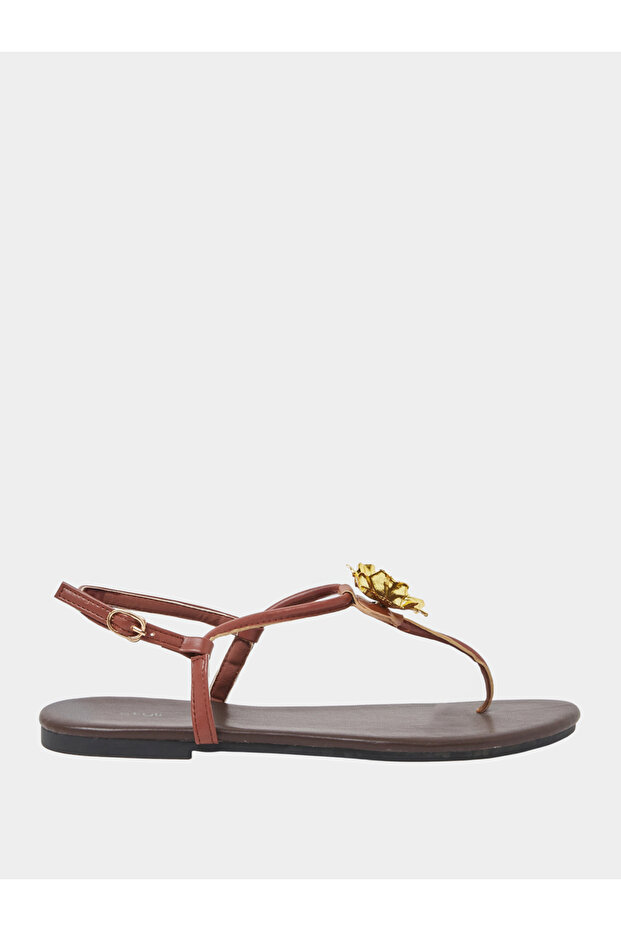 Gold Tone Flower Embellished Flat Sandals