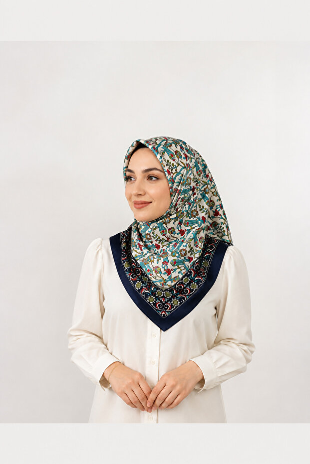 Patterned Square Shawl – Navy Blue Border Floral Patterned Women's Hijab Shawl