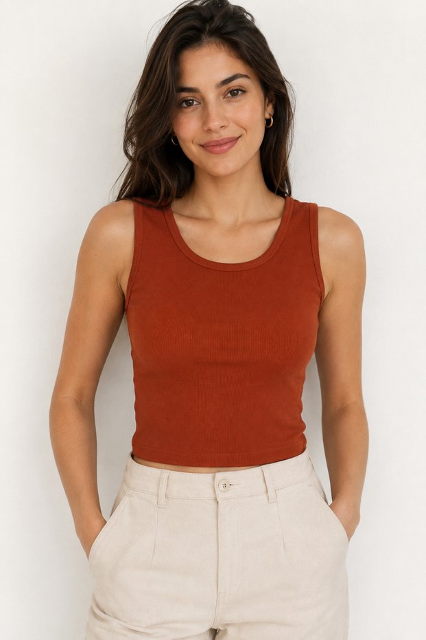 Women's Thick Strap U-Neck Ribbed Flexible Slim Fit Basic Crop Tank Top