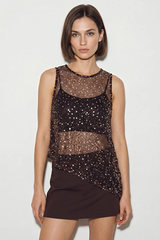 Women's Asymmetrical Cut Sequin Detailed Mesh Bitter Brown Blouse