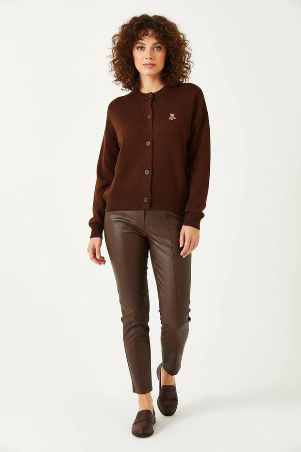 Women's Teddy Embroidered Buttoned Knitwear Bitter Brown Cardigan
