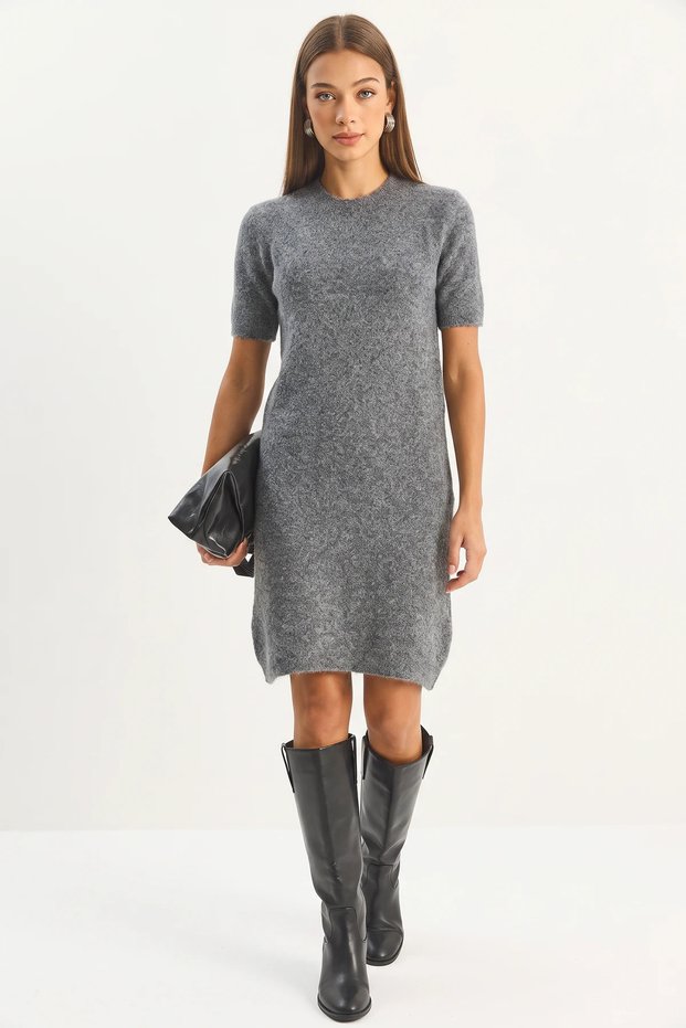 Women's Crew Neck Short Sleeve Soft Textured Knitwear Anthracite Dress