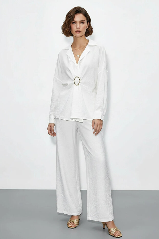Women's Oversized Shirt with Accessories and Wide-Legged White Pants Top and Bottom Set