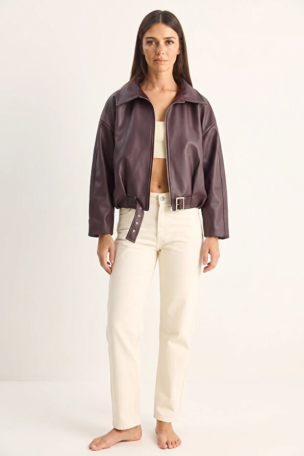 Women's Oversize Buckle Leather Claret Red Jacket