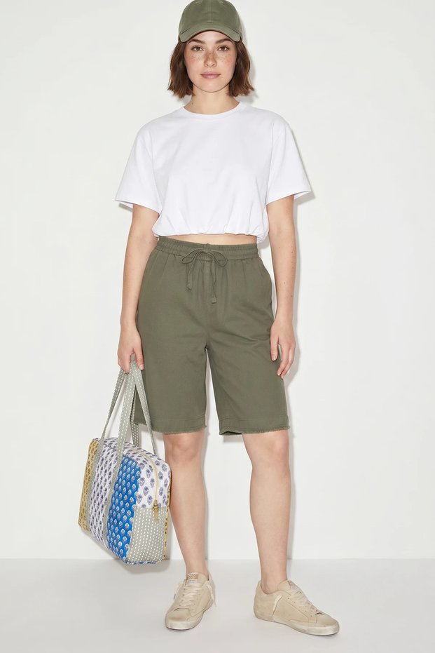 Women's Elastic Waist Tie Pocket Detailed Cotton Linen Green Shorts
