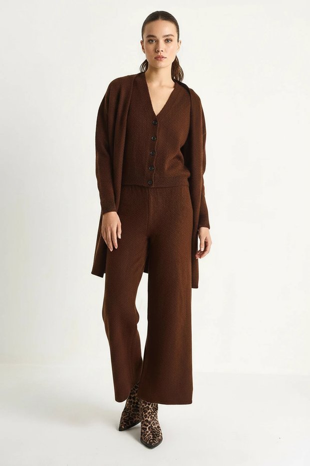 Women's High Waist Trousers Vest Cardigan Triple Knitwear Bitter Coffee Set
