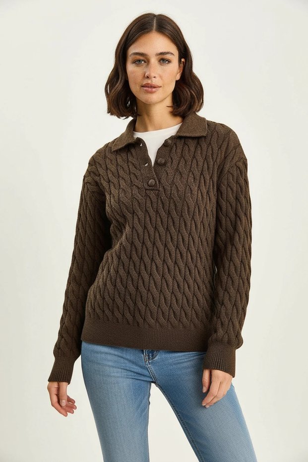 Women's Knitted Polo Collar Buttoned Knitwear Red Brown Sweater