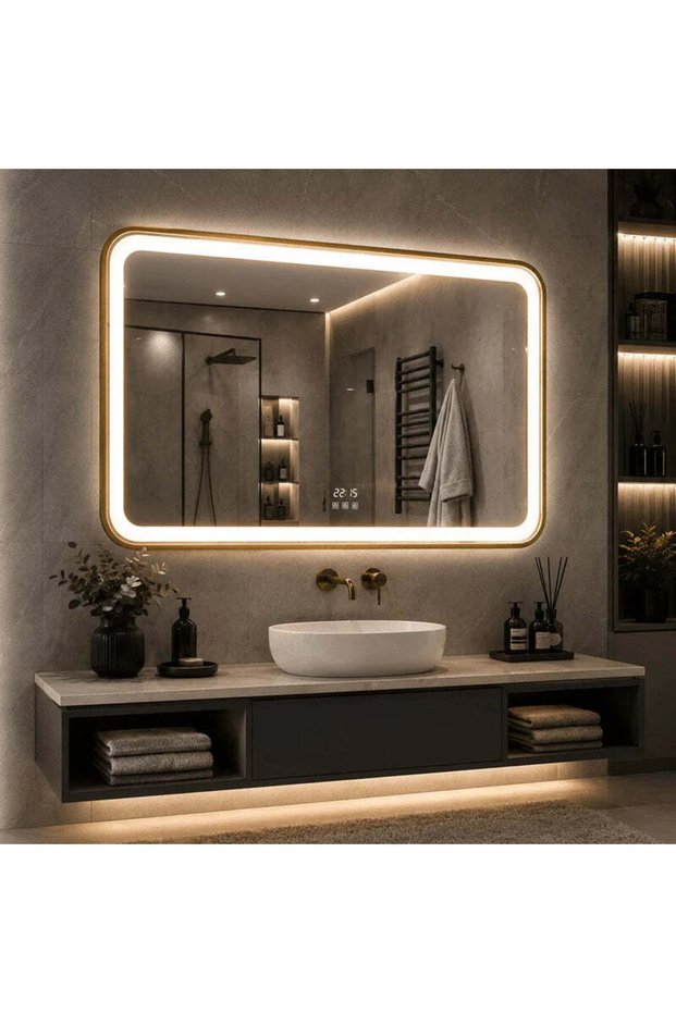 LED Mirror 80×60 cm Rectangular, Premium Motion Sensor, 3 Light Types, Dimmable, Clock & Temperature, Defogging, with Gold Frame