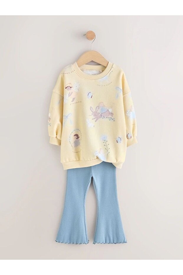 Cotton Yellow/Blue Fairy Patterned Sweatshirt Top and Bottom Set
