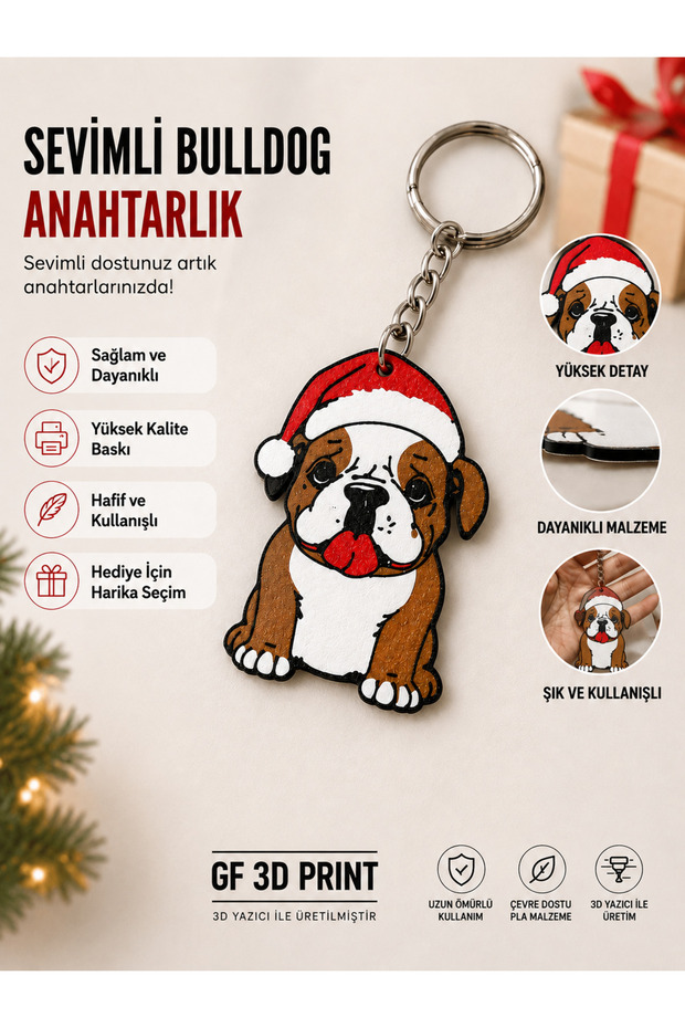 Cute Bulldog Keychain with Santa Hat | 3D Printed Dog Figure Bag Ornament