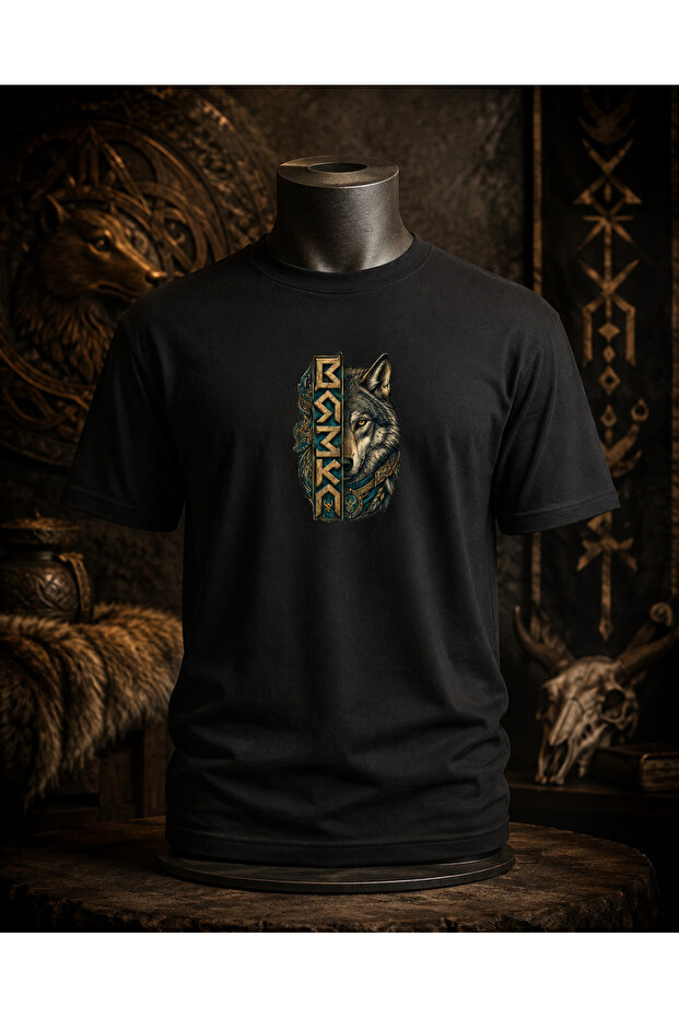 Unisex Black Wolf Göktürk Motif Printed T-Shirt – Special Design T-Shirt with Wolf Pattern and Ancient Turkish Symbol