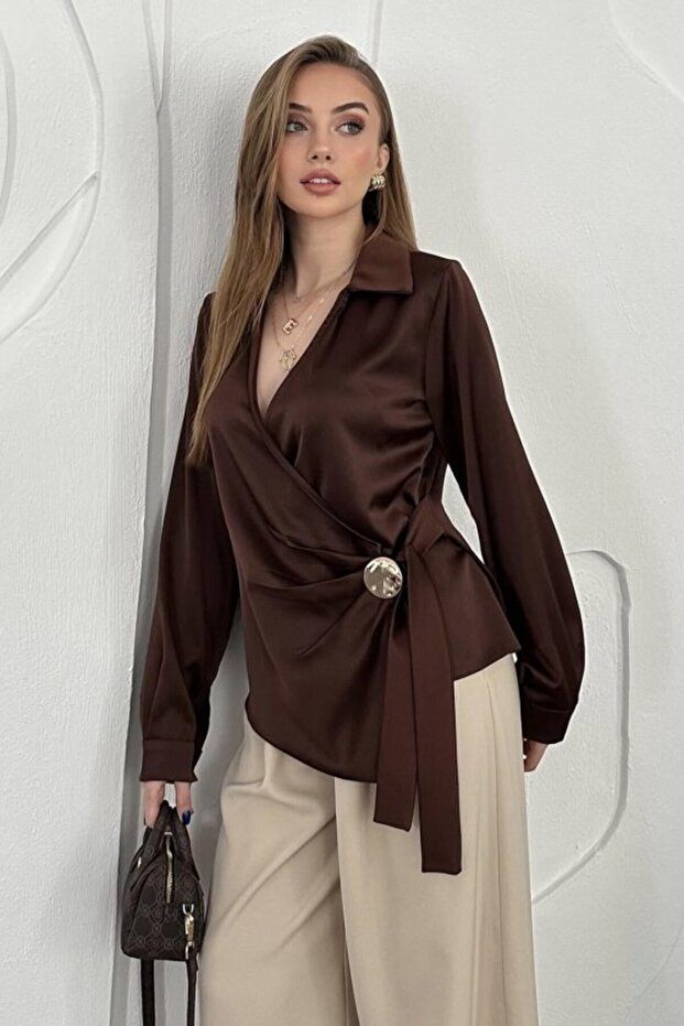 Brown Satin Blouse with Gold Accessory Detail