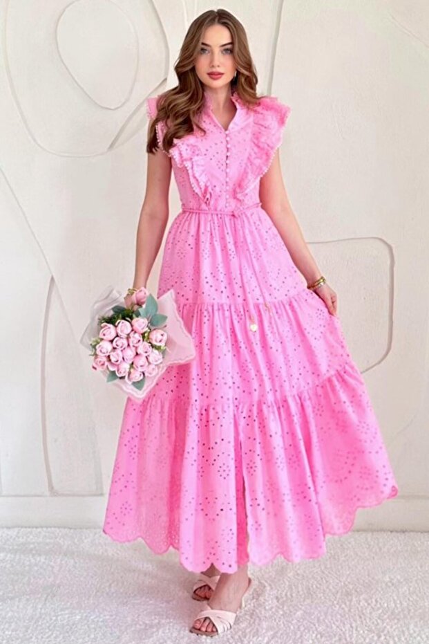 Pink Ruffled Buttoned Dress