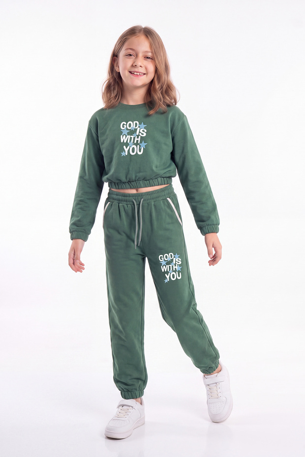 Girl's Crew Neck Short Cut Printed Double Pocket Tracksuit Set
