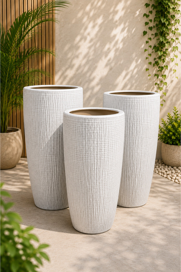 Ceramic White Linen Texture Pot - SET 3PCS