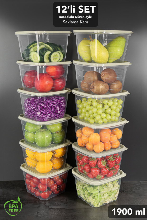 12-Piece Square Food Storage Container - Stackable Fruit Vegetable Food Storage Kitchen Organizer 1900ml Beige