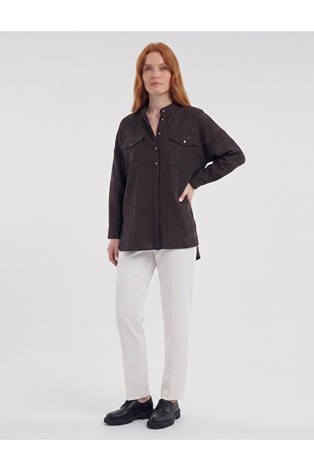 Double Pocket Hakim Collar Blouse Dark Brown