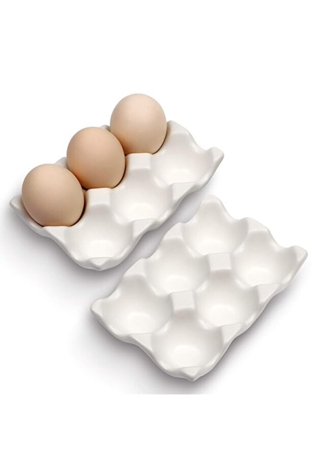 Modern Ceramic Egg Holder Tray, White, 6-Cup Capacity, Kitchen Storage Container, Decorative Serveware, 14.5x9.5x3.2cm, 2 Pack