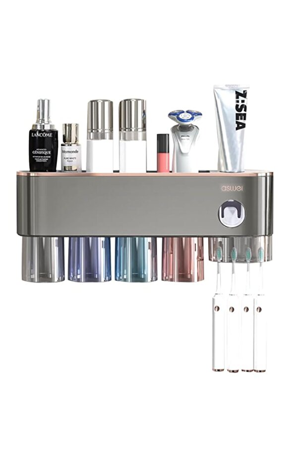 Beauenty Wall-Mounted Toothbrush Holder, Multi-Functional Toothbrush Holder, Toothbrush Holder with Toothpaste Dispenser and Toothbrush Cup (4 Cup)