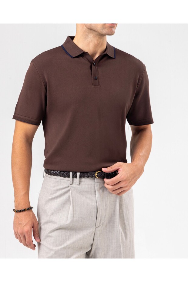 Italian Style Slim Fit Men's Polo Collar Short-Sleeved Knitwear T-Shirt Brown T20032-03