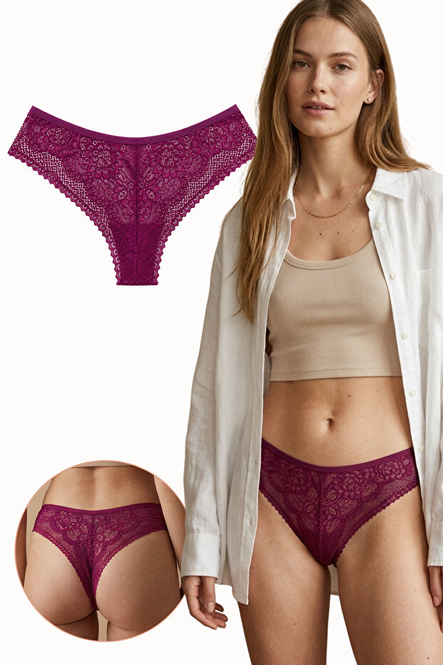 Women's Lace Front and Back Brazilian Panties Lycra Purple Single