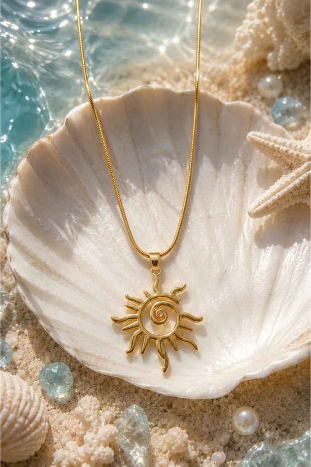 Sun Spiral Steel Necklace with Sun Figure (Gold Color)