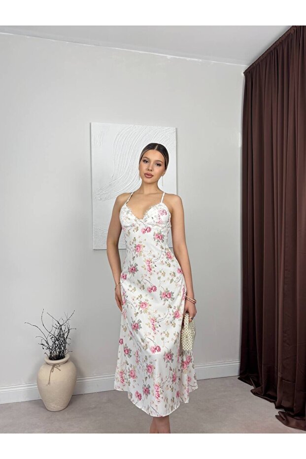 Women's White Floral Patterned Lace Detailed Thin Strap V-Neck Midi Satin Dress