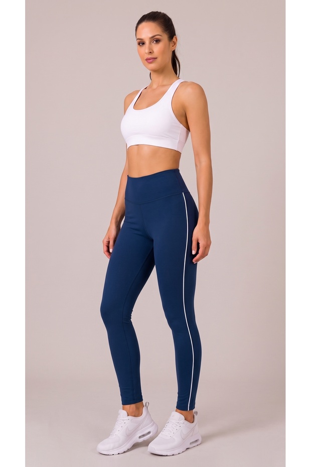 Women's High Waist Gathering Sports Leggings with Side Stripe Detail – Stretchy Long Fitness Leggings