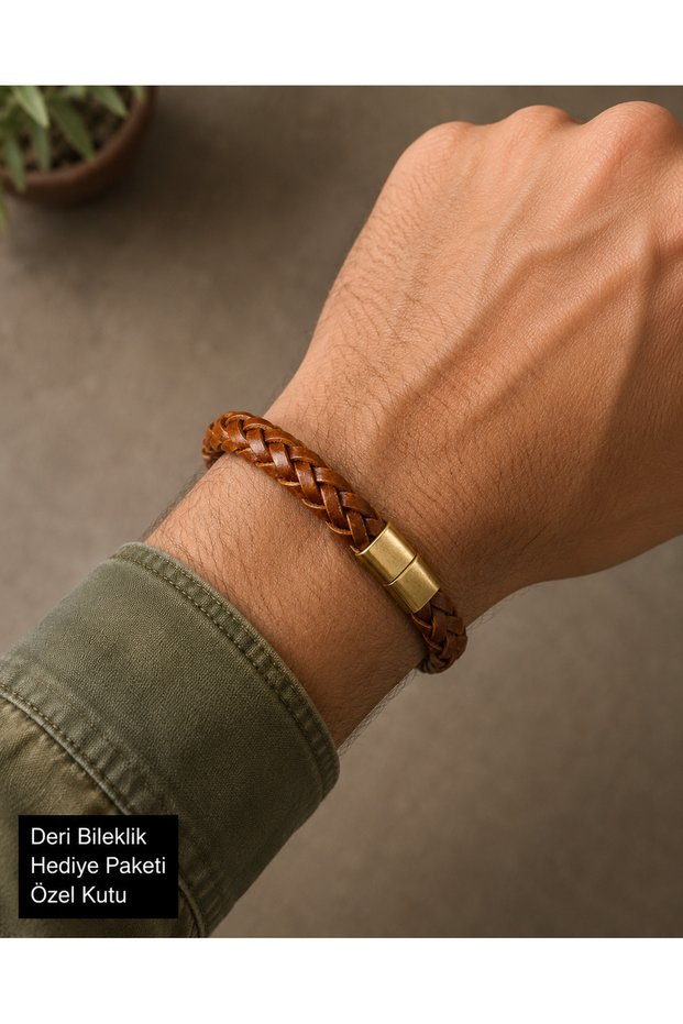 Men's Braided Leather Bracelet – Brown, with Gold Color Magnetic Clasp, Gift Boxed