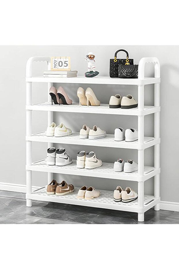 5 Tier Shoe Rack, Metal Shoe Organizer, Long Shoe Shelf Storage for Sneaker and Boot Stackable Free Standing Shoe Rack (White)