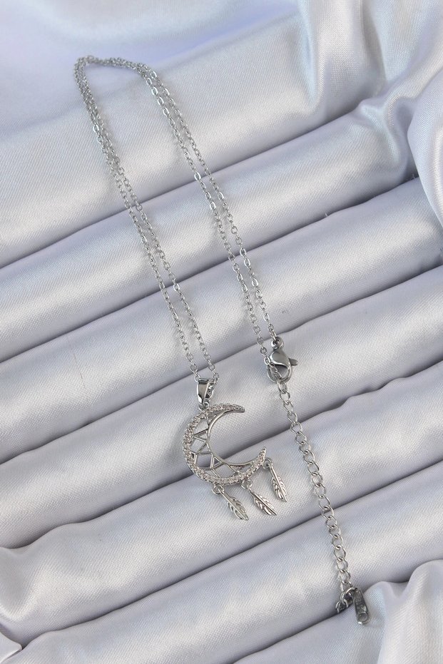 316L Steel Chain Silver Color Engraved Zircon Stone Moon Necklace