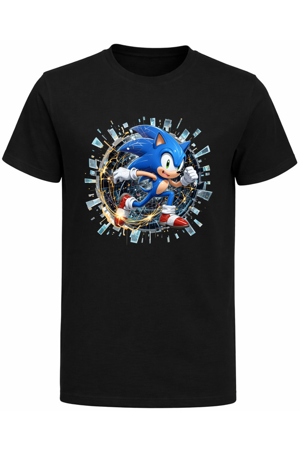 Black Background Running Sonic Printed Kids T-Shirt – Speed-Themed Blue Hedgehog Game Character Tshirt
