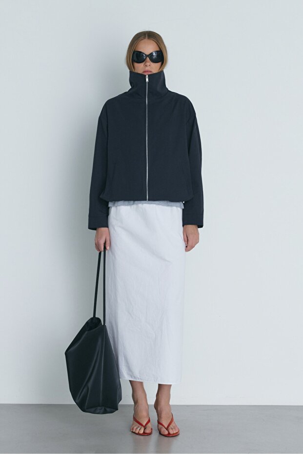 Navy Blue Nora Zippered Gabardine Jacket