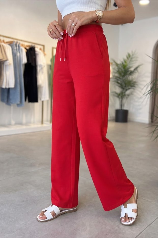 Women's Red Palazzo High Waist Elastic Combed Cotton Soft Fabric Colorful Lace-Up Loose Leg Casual Comfortable Sweatpants