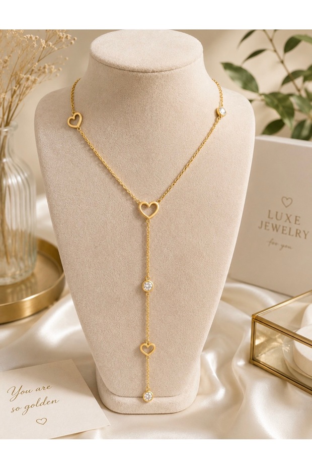 Steel Gold Stone Heart Y Necklace