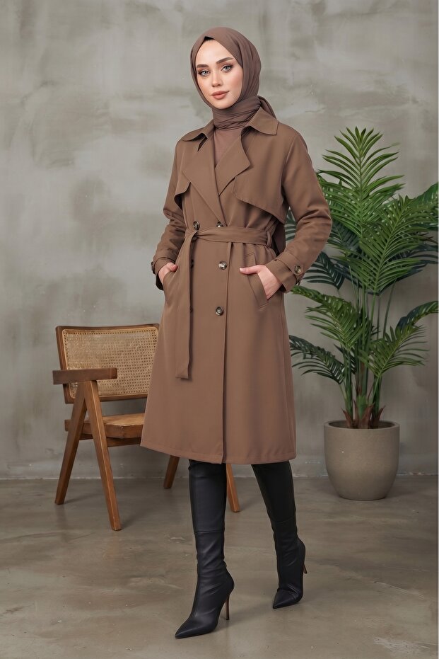 Women's Hijab Below Knee Lined Degaje Collar Linen Fabric Slit Trench Coat Milk Coffee