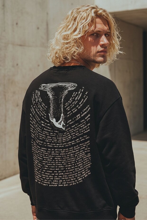 Men's Oversize Sweatshirt Abyss Printed Black – Crew Neck, 3 Thread Raster Fleece