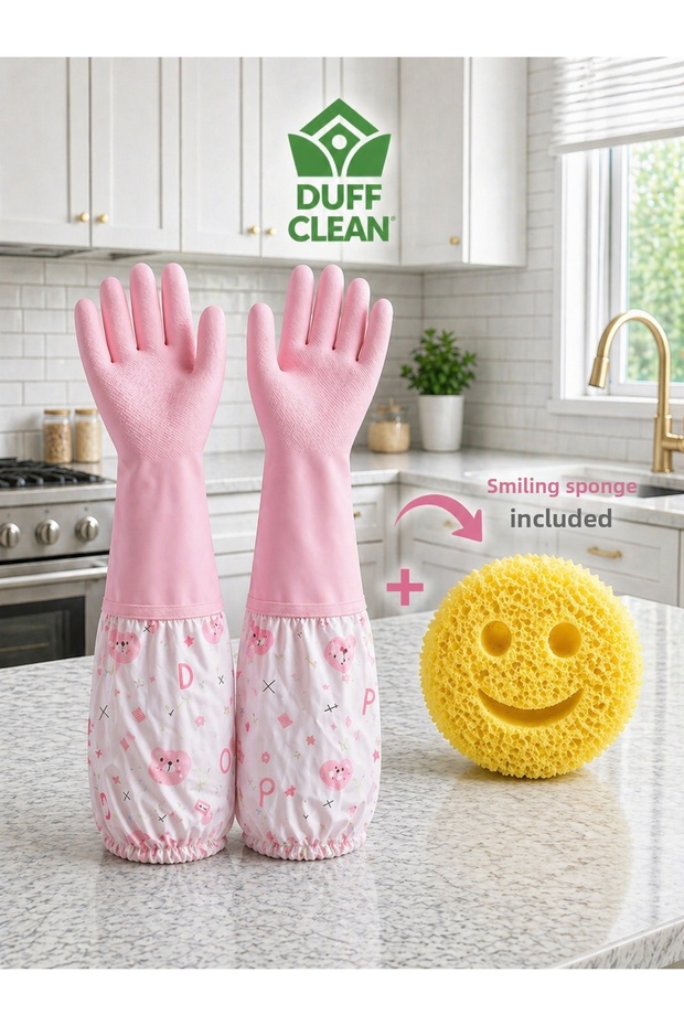 L Size Dishwashing Gloves +Sponge. Long Sleeve Kitchen Cleaning Gloves Set