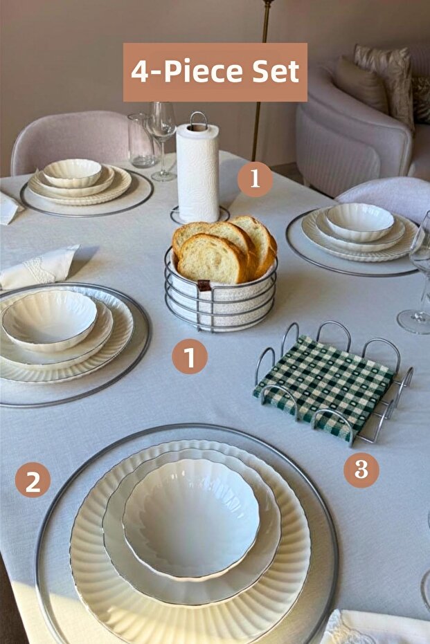 Set of 4 Matte Silver 6-Piece Supla Square Napkin Holder Vertical Paper Towel Holder Round Bread Basket Kitchen Set