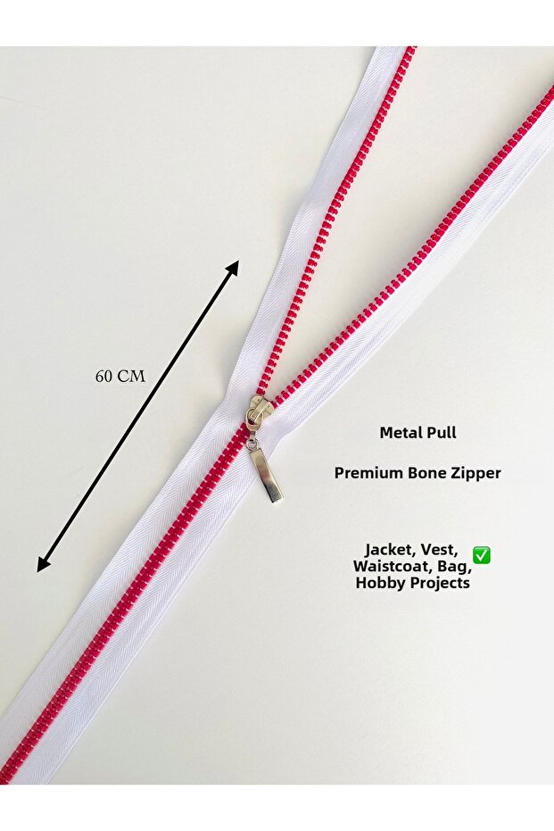1 Piece White Red, High Quality Metal Handle, Bottomed, 60 Cm, Premium Bone Zipper for Coat, Vest
