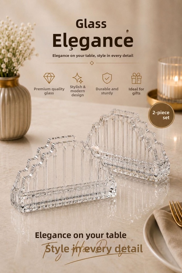 2 Pieces Glass Napkin Holder 13X9 cm – Transparent Crystal-Looking Decorative Table and Tablecloth Napkin Holder Krw-30