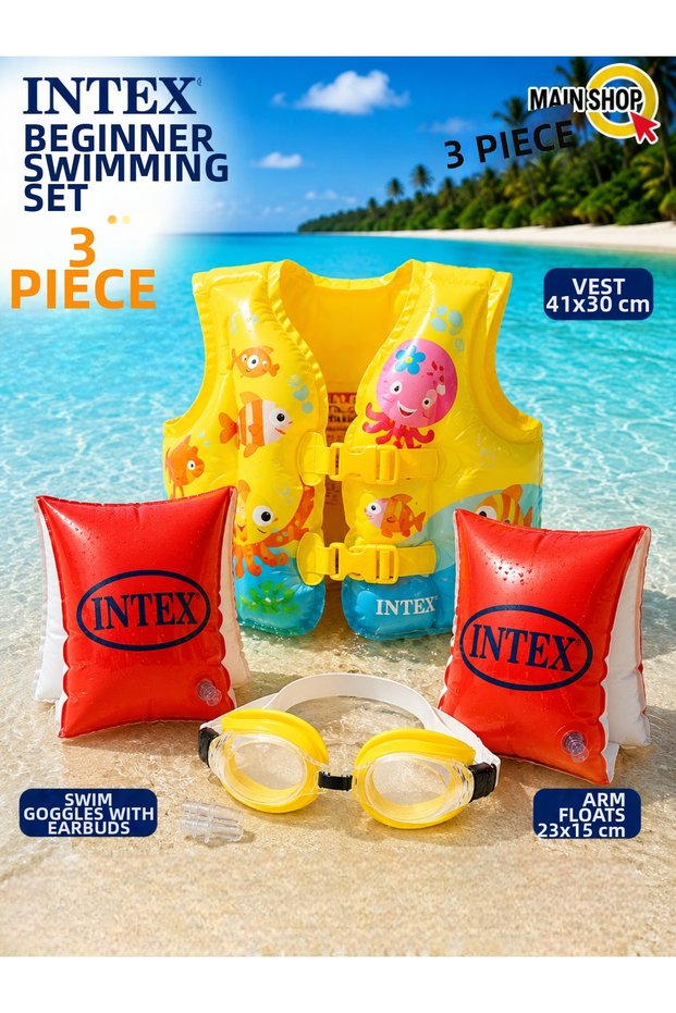 Intex 3-Piece Children's Swimming Set - Sea Pool Vest 41X30 Cm, Red Arm Sleeves and Goggles with Ear Plugs 3-6 Years M-59661-3Set
