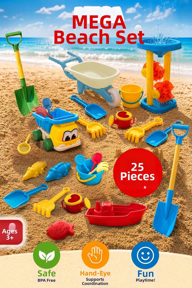 25 Piece Mega Beach Play Set - Mixed Sea Garden Sand Toy with Wheelbarrow and Mill