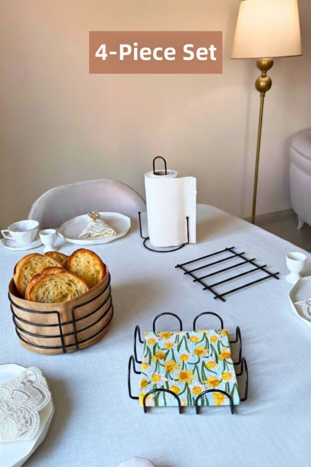 Set of 4 Black Square Napkin Holders, Vertical Paper Towel Holders, Round Bread Basket, Kitchen Set