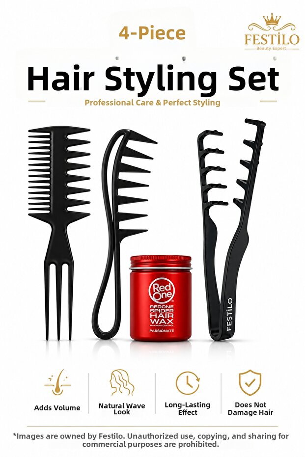 4-Piece Hair Styling Set Volume Comb Wave Comb Wax Comb Red One Spider Hair Wax