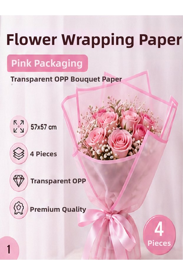 Pink Framed Transparent Opp Flower Bouquet Wrapping Paper 57X57 cm Gift Packaging 4 Pieces