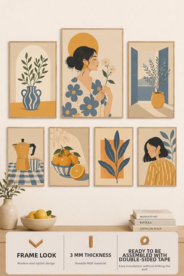 7-Frame View of the Mediterranean |   Lemon |   Olive |   Modern |   Italian & Mediterranean Style |   Living Room, Office, Kitchen and Study Room Wall Decor